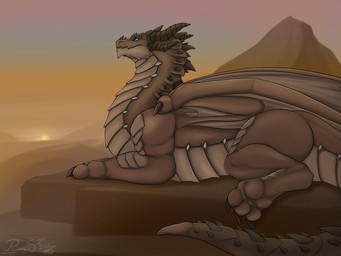 3_toes ambiguous_gender black_claws black_horn black_spikes blue_eyes brown_body brown_scales claws feet feral gazing grey_body grey_scales horn lying membrane_(anatomy) membranous_wings mountain multi_horn multicolored_sky neck_spikes nose_spike on_front rock scales sky solo spiked_tail spikes spikes_(anatomy) sunset tail toe_claws toes ventral_scales wings rimentus european_mythology mythology rythus dragon mythological_creature mythological_scalie scalie western_dragon 2022 4:3 digital_media_(artwork)