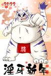 anthro asian_clothing belly blue_body blue_eyes blush clothing east_asian_clothing fundoshi holidays humanoid_hands japanese_clothing kemono male moobs navel nipples overweight overweight_male red_clothing red_fundoshi red_underwear solo underwear white_body mind_drive mizuse_higomaru chinese_zodiac new_year new_year_2022 year_of_the_tiger felid mammal pantherine tiger 2022 hi_res