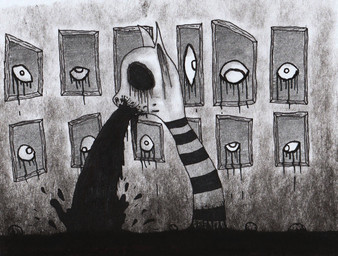 1_eye ambiguous_fluids ambiguous_gender anthro black_eyes bodily_fluids detailed_background empty_eyes group ink looking_at_viewer looking_away narrowed_eyes nightmare_fuel picture_frame picture_on_wall solo striped_body stripes surrealism tears vomit vomiting vomiting_on_ground unhappy893 hasbro my_little_pony fan_character equid equine horse mammal pony hi_res monochrome picture_in_picture sketch traditional_media_(artwork)
