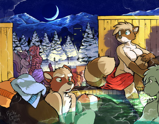 anthro bath bathhouse bathtub biped blue_eyes breasts building casual_nudity crescent_moon featureless_breasts female fur green_eyes group group_nudity hair hot_spring male mixed_bathing moon mountain night nude nude_anthro nude_female nude_male onsen outdoor_nudity outside plant skinny_dipping sky snow social_nudity towel towel_only tree water rick_griffin canid canine deer domestic_cat felid feline felis lagomorph leporid mammal pantherine procyonid rabbit raccoon raccoon_dog tanuki tiger 2014 digital_media_(artwork)