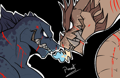 age_difference aged_up angry anthro barazoku blood bodily_fluids duo fangs grey_body male mature_anthro mature_male muscular muscular_anthro muscular_male older_anthro rivalry scales smile smiling_at_another spikes teeth wounded yellow_body pinumontbalou godzilla_(series) toho godzilla king_ghidorah kaiju reptile scalie hi_res