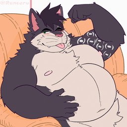5_fingers anthro areola arm_tattoo armchair belly belly_rub biceps big_belly big_muscles big_pecs black_body black_fur blush chair chest_tuft crotch_tuft ear_piercing ear_ring eyebrow_piercing facial_piercing fangs fingers fist flexing flexing_bicep fur furniture green_eyes hair hand_on_belly male muscular muscular_anthro muscular_male navel nude nude_anthro nude_male obese obese_anthro obese_male overweight overweight_anthro overweight_male pecs piercing raised_arm ring_piercing short_hair sitting sitting_on_armchair solo tattoo teeth tongue tongue_out tuft whiskers ranceru kotarocat felid feline mammal 1:1 2026 2d_animation animated
