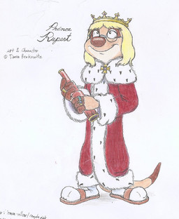 anthro blonde_hair clothing crown eyewear glasses hair headgear jewelry male pendant prince ring robe royal_robe royalty simple_background smile socks_with_sandals solo telescope white_background timon-berkowitz disney the_lion_king fan_character herpestid mammal meerkat hi_res traditional_media_(artwork)