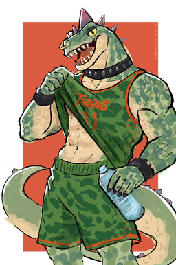 abs anthro basketball_uniform bottle bottomwear bracelet clothed clothing clothing_lift collar container deltoids facial_piercing green_body green_bottomwear green_clothing green_scales green_shorts head_spikes holding_bottle holding_container holding_object jewelry male mouth_piercing muscular muscular_anthro muscular_male navel nose_piercing nose_ring open_mouth piercing pupils purple_spikes ring_piercing scales sharp_teeth shirt shirt_lift shorts simple_background slit_pupils solo spiked_tail spikes spikes_(anatomy) sportswear standing tail tank_top tank_top_lift teeth text tongue topwear uniform water_bottle yellow_sclera yukigawa goat_(movie) sony_corporation sony_pictures modo_olachenko komodo_dragon lizard monitor_lizard reptile scalie 2026 artist_name digital_media_(artwork) hi_res portrait three-quarter_portrait