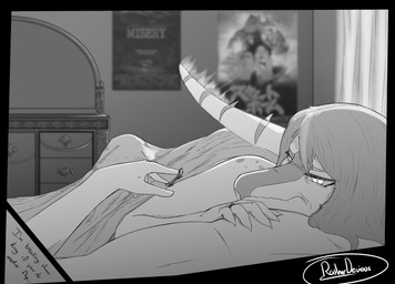 5_fingers anthro bangs bed bedroom black_border border claws cuddling dialogue digit_ring duo female female_on_human finger_claws fingers first_person_view furniture hair human_on_anthro human_pov inside interspecies jewelry long_hair long_tail looking_at_viewer male male/female male_on_anthro male_pov nude nude_anthro nude_female nude_human nude_male on_bed poster_(object) ring skateboard snout spiked_tail spikes spikes_(anatomy) spots spotted_shoulders tail tear_trough text under_covers vehicle wedding_ring ratherdevious cavemanon_studios misery_(stephen_king) snoot_game stephen_king_(copyright) elvira_(snoot_game) noah_(snoot_game) baryonyx dinosaur human mammal prehistoric_species reptile saurischian scalie spinosaurid theropod 2025 absurd_res artist_name english_text hi_res monochrome watermark