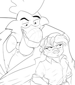 anthro beak belt bow_tie clothed clothed_male clothing date duo ear_piercing eyebrows eyewear furrowed_eyebrows glasses grinning_at_another hair hat headgear headwear male male/male piercing raised_eyebrow simple_background smile suit teeth wearing_glasses white_background pandottermon darkwing_duck disney ducktales parker_(pandottermon) steelbeak avian mammal mustelid otter black_and_white monochrome