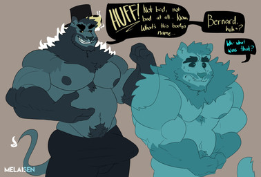 anthro barazoku beard big_bulge black_clothing black_hat black_headwear black_sclera black_top_hat bodily_fluids bulge clothed clothing dialogue erection erection_under_clothing facial_hair grey_background grin hat headgear headwear huge_bulge male muscular muscular_anthro muscular_male nervous nervous_sweat nipples possession pubes simple_background smile solo standing sweat tail teal_beard teal_facial_hair teal_nipples teal_pubes teal_tail teeth tenting text top_hat topless topless_anthro topless_male yellow_eyes yellow_text melaisen bernard_(melaisen) felid ghost mammal pantherine spirit 2022 absurd_res digital_drawing_(artwork) digital_media_(artwork) hi_res portrait three-quarter_portrait