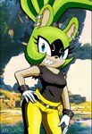 anthro belt black_clothing blue_eyes bottomwear bracelet breasts clothing ear_piercing female fur gloves green_body green_fur green_hair hair handwear jewelry looking_at_viewer pants piercing ring sharp_teeth shirt showing_teeth smile solo teeth thick_thighs tied_hair topwear yellow_clothing nikku_lunatique idw_publishing sega sonic_the_hedgehog_(comics) sonic_the_hedgehog_(idw) sonic_the_hedgehog_(series) surge_the_tenrec afrosoricid mammal tenrec 2025 hi_res