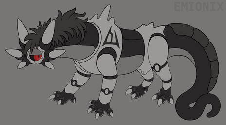 1_eye 4_toes 6_ears animal_genitalia big_eyes black_mane black_sclera claws countershade_feet countershade_tail countershade_torso countershading digitigrade feet feral fully_sheathed genitals grey_background grey_body grey_countershading lidded_eyes long_tail looking_away machine male mane mouthless multi_ear pupils quadruped red_eyes scuted_feet scuted_tail scutes sheath side_view simple_background slit_pupils solo standing tail text thick_tail three-quarter_view toe_claws toes toony unusual_ears emionix jacob_(emx) megalurker omnitope robot 2025 absurd_res artist_name flat_colors hi_res nonbinary_(lore)