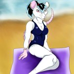 accessory anthro bedding blanket breasts cleavage clothed clothing ear_piercing ear_ring female fur hair hair_accessory hairband looking_at_viewer one-piece_swimsuit open_mouth piercing pink_nose raised_tail rat_tail ring_piercing sitting sitting_on_blanket smile smiling_at_viewer solo swimwear tail teeth tongue whiskers white_body white_fur marcushunter roxeanne_leblanc mammal murid murine rat rodent 1:1 2016 hi_res