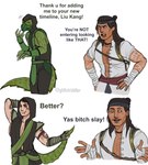 accessory anthro black_hair duo giggling glowing glowing_eyes hair headband humor male ninja profanity tattoo text warrior gh0striddler mortal_kombat yas_bitch_slay liu_kang_(mortal_kombat) reptile_(mortal_kombat) human humanoid mammal reptile scalie english_text hi_res meme