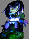 armwear black_armwear black_clothing black_hair blue_eyes blue_fingers blue_lips breasts clothing female fingers_together glowing glowing_belly_button glowing_breasts glowing_spots green_body hair jewelry lips looking_at_viewer necklace pseudo_hair sitting solo spots wraps bracketsxxx amphibian frog humanoid absurd_res hi_res
