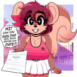anthro belt big_breasts big_ears big_tail black_eyes bottomwear bra breasts brown_body brown_fur buckteeth choker cleavage clothed clothing female fluffy fluffy_tail fur hair holding_object holding_paper jewelry looking_at_viewer marriage_certificate marriage_proposal necklace paper red_hair skirt solo sports_bra starry_eyes tail teeth text underwear wireless_shiba adidas shelly_bélier mammal rodent sciurid tree_squirrel 1:1 absurd_res english_text hi_res