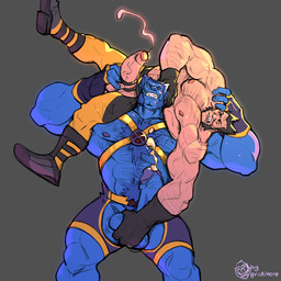 accessory anthro blue_body blue_eyes bodily_fluids body_hair chest_hair clothing cock_and_ball_torture cock_ring erection facial_hair fingerless_gloves genital_torture gloves hairy handwear happy_trail harness jewelry looking_at_viewer male muscular muscular_anthro muscular_male penis_accessory penis_jewelry simple_background submission_hold trunks_briefs white_background rickleone marvel x-men beast_(marvel) hank_mccoy logan_(marvel) wolverine_(marvel) human mammal 1:1