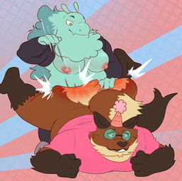 anthro beard breasts clothed clothing duo eyewear facial_hair female glasses gynomorph hat headgear headwear intersex intersex/female overweight overweight_female partially_clothed party_hat slightly_chubby spank_marks spanking_focus haxsmack nova(ophelia_sketched) o-mai_(haxsmack) alien canid canine fox mammal hi_res