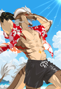 aloha_shirt anthro beach bottomwear clothing happy male muscular muscular_male open_mouth pattern_clothing pattern_shirt pattern_topwear shirt shorts solo standing summer topwear springchaos mythology dragon eastern_dragon mythological_creature mythological_scalie scalie hi_res