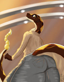 big_butt big_tail blush blush_lines bottomwear breasts butt clothing denim denim_bottomwear denim_clothing female huge_butt huge_hips huge_thighs jeans non-mammal_breasts pants solo sweater tail thick_thighs topwear wide_hips parkerdude999 dahlia_(parkerdude999) pit_viper rattlesnake reptile scalie snake viper absurd_res hi_res