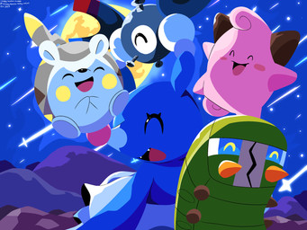 ambiguous_gender anthro blue_body blush eyelashes eyes_closed fangs feral green_body grey_body group happy meteor_shower moon night open_mouth pink_body semi-anthro shooting_star sky teeth tongue sleepy_sealion nintendo pokemon brionne charjabug clefairy generation_1_pokemon generation_7_pokemon magnemite pokemon_(species) togedemaru 2026 4:3 absurd_res dated hi_res signature