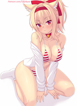 5_fingers accessory alternative_fashion amekaji bell bell_collar bikini blonde_hair bow_ribbon breasts clothed clothing collar eyebrow_through_hair eyebrows eyelashes female fingers footwear gyaru hair hair_accessory hair_bow hair_ribbon inner_ear_fluff j-fashion long_hair looking_at_viewer pattern_bikini pattern_clothing pattern_swimwear pouting pupils red_eyes ribbons shirt simple_background slit_pupils socks solo striped_bikini striped_clothing striped_swimwear stripes swimwear text topwear translucent translucent_hair tuft two-piece_swimsuit white_background white_clothing white_footwear white_shirt white_socks white_topwear fastrunner2024 tiffy_(fastrunner2024) animal_humanoid felid felid_humanoid humanoid mammal mammal_humanoid 2023 digital_media_(artwork) hi_res url