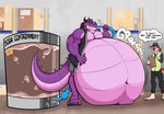 anthro belly belly_expansion belly_inflation beverage big_belly bodily_noises chugging clothing drinking duo expansion hand_on_belly horn hose hose_inflation huge_belly hyper hyper_belly inflation liquid_inflation male muscular muscular_anthro muscular_male navel onomatopoeia overweight overweight_male purple_body rumbling_stomach soda soda_inflation sound_effects tail text warehouse awoogasm mythology grape_derg vox_(awoogasm) canid canine canis dragon mammal mythological_creature mythological_scalie scalie wolf digital_media_(artwork) english_text hi_res