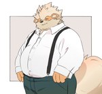 anthro anthrofied belly black_nose bottomwear clothing eyes_closed kemono male overweight overweight_male pants shirt simple_background smile solo suspenders topwear inunoshippo nintendo pokemon arcanine generation_1_pokemon pokemon_(species) 2025 hi_res