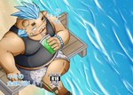 anthro belly beverage blue_hair blush bottomwear brown_body brown_fur clothing drinking footwear fur hair male one_eye_closed overweight pier sandals sea shoes shorts solo tusks water wink inunodaidokoro lifewonders tokyo_afterschool_summoners ganglie_(tas) mammal suid suina sus_(pig) wild_boar hi_res