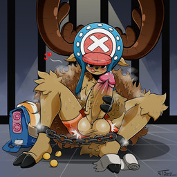 anthro antlers athletic_wear balls big_balls big_penis blush blush_lines bodily_fluids bottomwear bound brown_body brown_fur bulge chain chained chest_tuft clothing condom cuff_(restraint) dripping ears_down erection fur genital_fluids genitals gym_bottomwear gym_shorts hat headgear headwear heart_symbol hooves horn humanoid_genitalia humanoid_penis knee_tuft leg_tuft licking licking_lips male masturbation motion_lines musk musky_balls musky_penis penile penile_masturbation penis pivoted_ears precum precum_drip precum_string restraints sexual_barrier_device shackles shirt shorts sitting sitting_on_ground solo sweat sweatdrop tank_top tongue tongue_out topwear tuft vein veiny_penis wide_eyed mrt0ony one_piece tony_tony_chopper tony_tony_chopper_(horn_point_form) deer mammal new_world_deer reindeer 1:1 absurd_res hi_res
