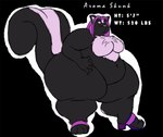 anthro belly big_butt biped black_background black_body black_fur breasts butt clothing female footwear footwear_only fur hair height huge_butt huge_thighs mostly_nude navel nude obese obese_anthro obese_female overweight overweight_anthro overweight_female pink_hair shoes shoes_only simple_background solo tail text thick_thighs weights kazecat aroma_(kazecat) mammal mephitid skunk 2006 digital_media_(artwork)