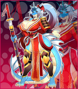 anthro areola areola_slip armor big_breasts border breasts butt clothing female hair huge_breasts katana legwear long_hair melee_weapon red_border samurai solo stockings sword warrior weapon revkoen nintendo pokemon generation_1_pokemon gyarados pokemon_(species) absurd_res digital_media_(artwork) hi_res model_sheet