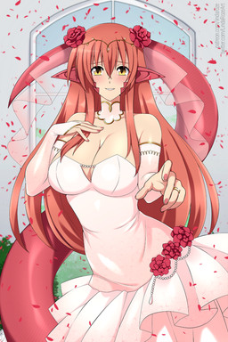 apode breasts cleavage clothed clothing dress female legless monster_girl_(genre) red_body red_scales scales serpentine solo split_form wedding_dress lindaroze monster_musume miia_(monster_musume) draconcopode humanoid lamia reptile scalie snake