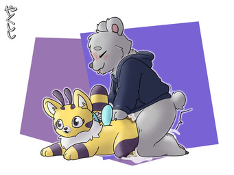 ambiguous_gender antennae_(anatomy) anthro blep blush bodily_fluids butt claws clothing cum cum_on_butt eyes_closed from_behind_position genital_fluids grinding hoodie humping kneeling masturbation motion_lines pawpads plushie plushie_humping plushophilia sex tail tail_grab tongue tongue_out topwear wings conditional_dnp yakukitsu mob_entertainment poppy_playtime cat-bee_(poppy_playtime) mystic_(ble) arthropod bear bee domestic_cat felid feline felis hybrid hymenopteran insect mammal hi_res