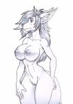 anthro big_breasts breasts female genitals navel nipples nude pose pussy simple_background small_waist solo white_background autumm_airwave canid canine canis domestic_dog mammal 2017 graphite_(artwork) greyscale monochrome sketch traditional_media_(artwork)