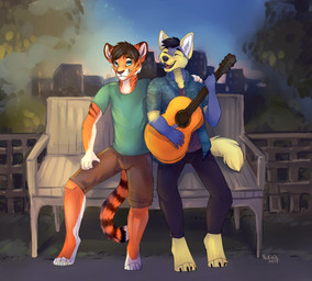 acoustic_guitar anthro bench clothed clothing duo fur guitar hair male musical_instrument on_bench open_mouth outside park playing_guitar playing_music plucked_string_instrument sitting smile string_instrument felicia_cat canid canine canis felid mammal pantherine tiger wolf