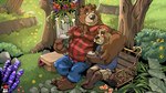 anthro bench blush bottomwear brown_body brown_fur clothing detailed_background duo fur hug male male/male outside overweight overweight_male pants plant shirt shorts sitting topwear tree leo_zeke password_(visual_novel) dean_(password) rami_watanuki_(ramiwatanuki) bear brown_bear canid canine mammal raccoon_dog tanuki ursine 16:9 2021 hi_res widescreen