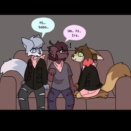 :3 anthro black_bars black_clothing black_jacket black_topwear blue_body blue_bottomwear blue_clothing blue_eyes blue_fur blue_jeans blue_pants bottomwear brown_body brown_fur brown_hair clothing denim denim_bottomwear denim_clothing dialogue ear_piercing floppy_ears fur furniture green_eyes grey_bottomwear grey_clothing grey_pants grey_shirt grey_topwear group hair highlights_(coloring) jacket jeans kerchief male pants piercing pink_bottomwear pink_clothing pink_kerchief pink_shorts shirt shorts smile smiling_at_another sofa sparkles sparkling_eyes tan_body tan_fur text topwear torn_bottomwear torn_clothing torn_jeans torn_pants trio white_body white_fur ashblondekittyy ira_(ashblondekitty) rex_(ashblondekittyy) sven_(ashblondekitty) arctic_fox canid canine canis domestic_dog fennec_fox fox mammal true_fox 1:1 comic english_text letterbox trans_(lore) trans_man_(lore)