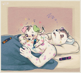5_fingers anthro bodily_fluids drooling duo fingers floppy_ears male musical_note musical_symbol pillow saliva sleeping sound_effects symbol tail tongue tongue_out vowelless vowelless_sound_effect young young_anthro young_male zzz niichan adam_(spottyadam) jakey_(jakeypup) canid canine canis dalmatian domestic_dog mammal absurd_res hi_res