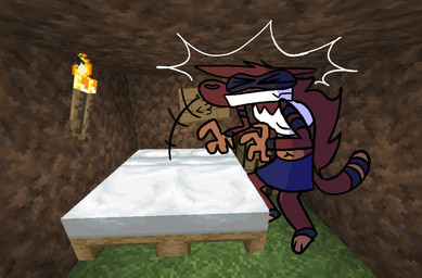 anthro bed blue_bottomwear blue_clothing blue_skirt bottomwear brown_body brown_fur clothing facial_markings female fur furniture head_markings hitting_head markings mask_(marking) ring_(marking) ringed_tail shirt skirt solo standing striped_markings striped_tail stripes tail tail_markings topwear white_clothing white_shirt white_topwear bigsteppies microsoft minecraft mojang xbox_game_studios noodle_(aimkid) domestic_ferret mammal mustelid musteline true_musteline weasel mixed_media