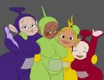 antennae_(anatomy) blush breasts crossgender dark_body dark_skin female fur green_body green_fur grey_background group humanoid_pointy_ears not_furry purple_body purple_fur red_body red_fur simple_background slightly_chubby what yellow_body yellow_fur mr._nsfw teletubbies dipsy_(teletubbies) laa-laa_(teletubbies) po_(teletubbies) tinky_winky_(teletubbies) alien alien_humanoid humanoid teletubby 2018 compression_artifacts