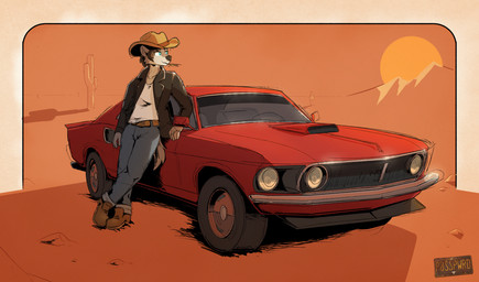 5_fingers anthro belt belt_buckle biped black_clothing black_hair black_jacket black_nose black_topwear blue_bottomwear blue_clothing blue_eyes blue_jeans blue_pants boots bottomwear brown_belt brown_boots brown_clothing brown_footwear brown_hat brown_headwear buckle cactus car closed_smile clothed clothed_anthro clothed_male clothing collarbone cowboy_hat crossed_legs cuffed_jeans denim denim_bottomwear denim_clothing desert fingers footwear fully_clothed fur grey_body grey_fur grey_tail hair hat head_turned headgear headwear jacket jeans leaning leaning_backward leaning_on_car leather leather_clothing leather_jacket leather_topwear logo male male_anthro mountain mouth_closed multicolored_body multicolored_fur open_clothing open_jacket open_topwear outside pants plant saguaro sand shirt shoes short_hair smile solo sun tail topwear two_tone_body two_tone_fur vehicle white_body white_clothing white_fur white_shirt white_topwear posspowered ford ford_mustang canid canine mammal 2026 artist_logo digital_media_(artwork) full-length_portrait hi_res orange_theme portrait