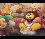 anthro baking biped bottomwear clothing cooking detailed_background duo hat headgear headwear humanoid_hands male open_mouth overweight overweight_male shirt shorts topwear 06junior11 canid canine canis domestic_dog felid lion mammal pantherine 2023 hi_res