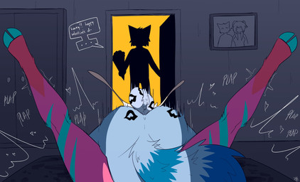 ambiguous_gender anthro bodily_fluids caught_and_continued caught_in_the_act cheat cuckold cum genital_fluids group holidays infidelity kiss_mark_on_balls kiss_mark_on_butt male male/male questionable_consent spread_legs spreading trio aimpunch valentine's_day azura_(aimpunch) domestic_cat felid feline felis mammal procyonid raccoon absurd_res hi_res