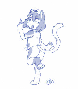 4_toes 5_fingers anthro blush blush_lines bottomless bottomless_anthro bottomless_female butt clothed clothing feet female female_anthro fingerless_(marking) fingers foot_focus hair hat headgear headwear holding_syringe leg_markings looking_at_viewer looking_back looking_back_at_viewer markings nurse_clothing nurse_hat nurse_headwear nurse_uniform on_one_leg one_eye_closed open_mouth open_smile pawpads paws rear_view smile socks_(marking) soles solo standing syringe tail text toes uniform wink winking_at_viewer young young_anthro young_female nekostar domestic_cat felid feline felis mammal 2025 artist_name blue_and_white dated digital_drawing_(artwork) digital_media_(artwork) full-length_portrait hi_res monochrome portrait