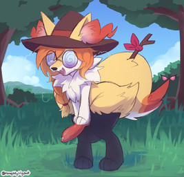 animal_genitalia animal_penis anthro balls big_balls bodily_fluids canine_genitalia canine_penis clothing dipstick_tail erection eyewear femboy fluffy fluffy_tail fur genital_fluids genitals glasses grass hair hat headgear headwear knot male markings nude_anthro nude_male object_in_tail opaque_glasses orange_hair outside penis plant precum solo spiral spiral_glasses stick stick_in_tail tail tail_markings witch_hat yellow_body yellow_fur naughtylilgoat_(artist) nintendo pokemon braixen canid generation_6_pokemon mammal pokemon_(species) absurd_res hi_res