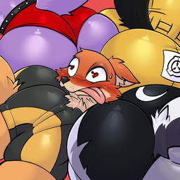 anthro big_butt black_body bodily_fluids butt butt_smother butts_everywhere clothed clothing faceless_character faceless_female female fur group heart_eyes heart_symbol huge_butt machine male male/female orange_body orange_fur simple_background smothering surrounded_by_butts tail tongue tongue_out conditional_dnp yazen disney dreamworks five_nights_at_freddy's five_nights_at_freddy's:_security_breach hellaverse helluva_boss mythology scottgames scp_foundation steel_wool_studios the_bad_guys zootopia diane_foxington loona_(helluva_boss) nick_wilde roxanne_wolf scp-1471-a canid canid_demon canine canis demon fox hellhound malo mammal mythological_canine mythological_creature red_fox robot true_fox wolf 1:1 digital_media_(artwork)