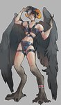 bdsm_gear bdsm_suit belt big_wings feathered_wings feathers female horn meme_face meme_pose paws solo wings anonymous_artist pandoraingrid_(character) human humanoid mammal hi_res meme