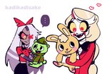 anthro clothed clothing ellipsis female group heart_symbol male kadikadisake happy_tree_friends hazbin_hotel charlie_morningstar cuddles_(htf) flippy_(htf) vaggie_(hazbin_hotel) angel angel_humanoid bear demon demon_humanoid humanoid lagomorph leporid mammal rabbit crossover hi_res