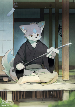 anthro asian_clothing black_clothing bottomwear clothing detailed_background east_asian_clothing hakama japanese_clothing katana male melee_weapon religion samue sitting solo sword weapon raferafe canid canine canis mammal wolf absurd_res hi_res