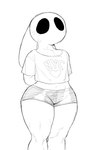 anthro black_eyes black_line_art blush blush_lines bodily_fluids bottomwear clothing empty_eyes femboy hands_behind_back heart_symbol hotpants long_ears male midriff mouthless navel print_clothing print_shirt print_topwear shirt shorts simple_background solo standing sweat sweatdrop text text_on_clothing text_on_shirt text_on_topwear thick_thighs three-quarter_view topwear white_background wide_hips dogrush_(artist) bunny_maloney jean_francois lagomorph leporid mammal rabbit 2024 black_and_white hi_res monochrome portrait three-quarter_portrait