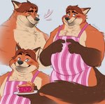 2024 anthro apron belly black_nose blue_eyes blush canid canine clothing disney food fox gideon_grey heart_symbol hi_res male mammal overweight overweight_male pastry pie simple_background smile solo thediyemi zootopia