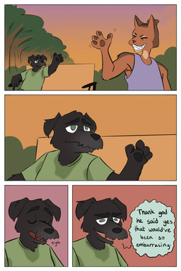 anthro bench clothing crop_top dialogue duo hair male outside shirt sigh sweat_stain t-shirt tied_hair topwear demilittleguy dave_(demilittleguy) james_(demilittleguy) canid canine canis domestic_cat domestic_dog felid feline felis mammal comic hi_res